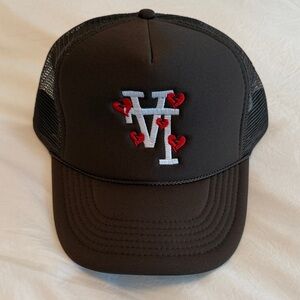 Brown LA Trucker Hat with Red and White Embroidery